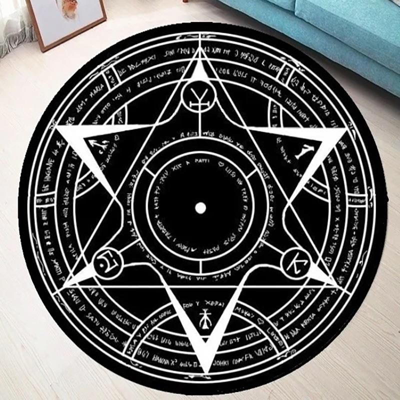 Motivo Sole Pentagramma, Schema Pentacolo, Carta Stellare, Stampa d'Arte Orientale Misteriosa, Tappeto con Rune Soprannaturali Bianco e Nero