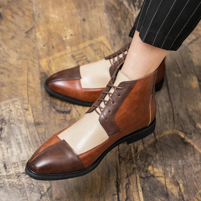 Men New Chelsea Boots Pointed English Style Multi Color Spliced Lace Up Ankle Boots 38-48 Male Boots