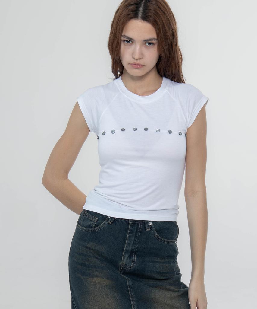 CHICKS Front Cut Button Point Slim T-Shirt Black