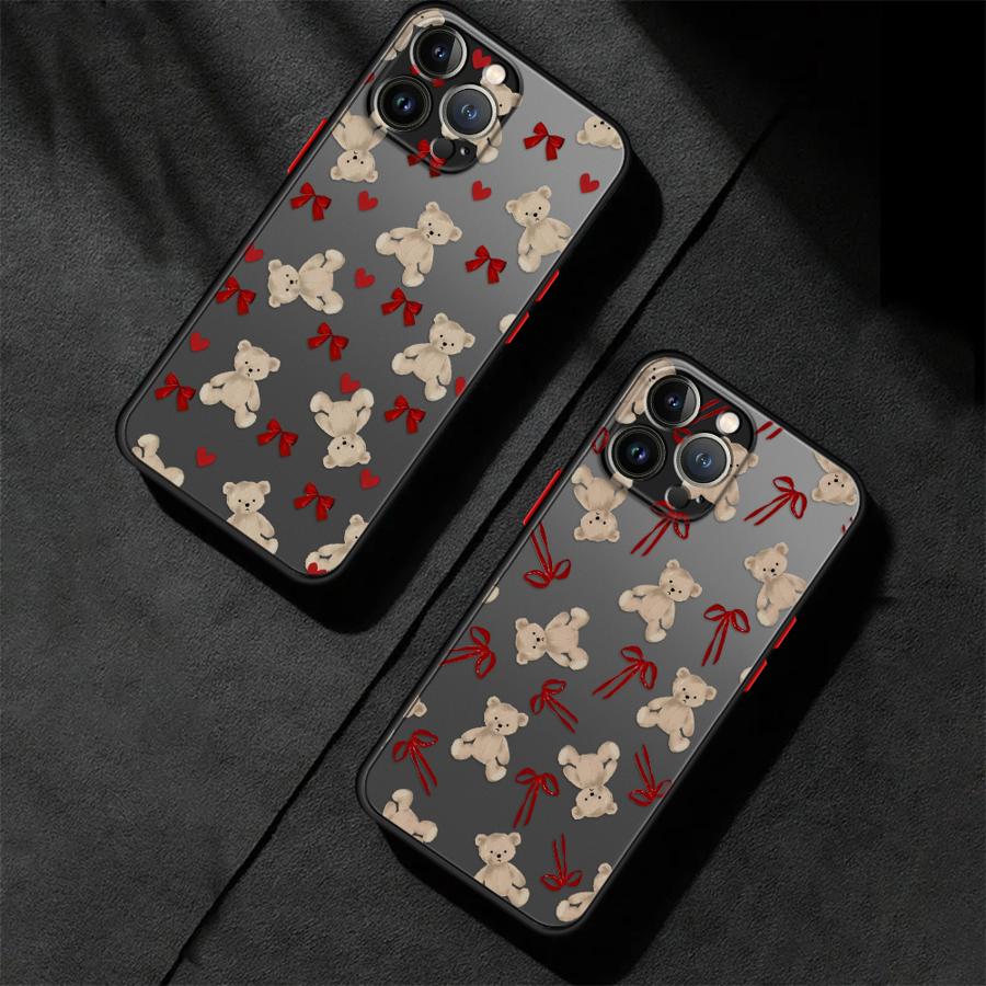 Cute Bow Bear Case for iPhone 17 Pro Max XS XR 7 8 SE 13 Mini 15 Air 16 Plus 12 11 14 Funda Back Phone Cover