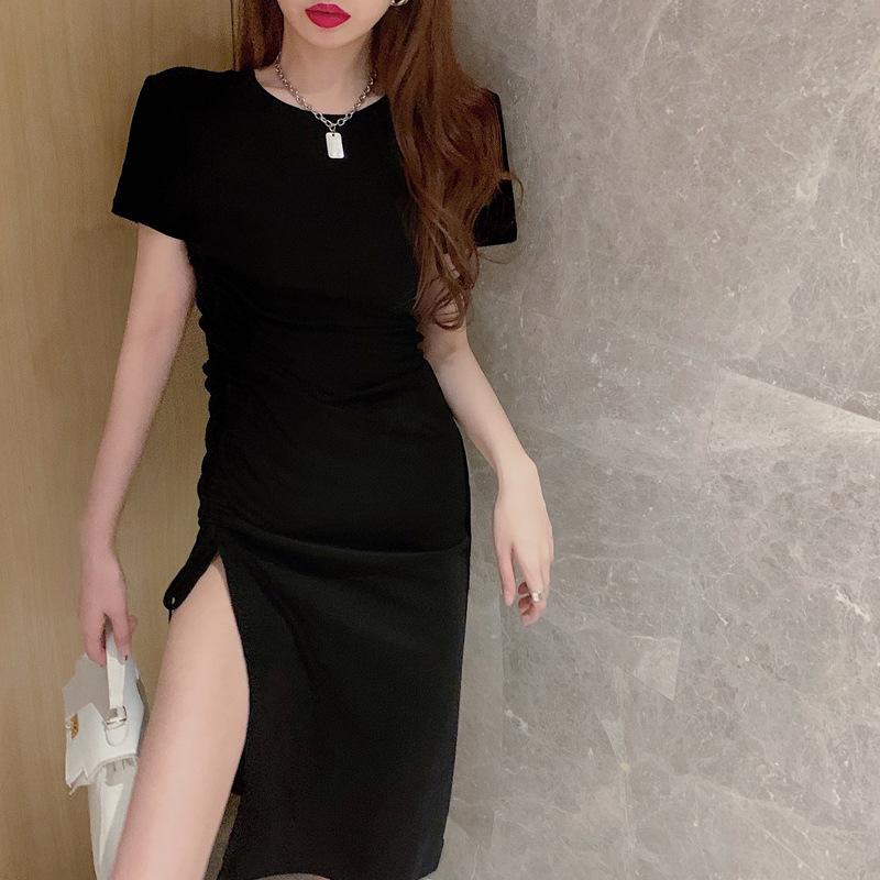 Women's Bodycon Midi Dress Short Sleeve Crew Neck Ruched Side Slit Dress Slim Fit Drawstring Casual T-Shirt Dress for Summer Streetwear Daily Wear