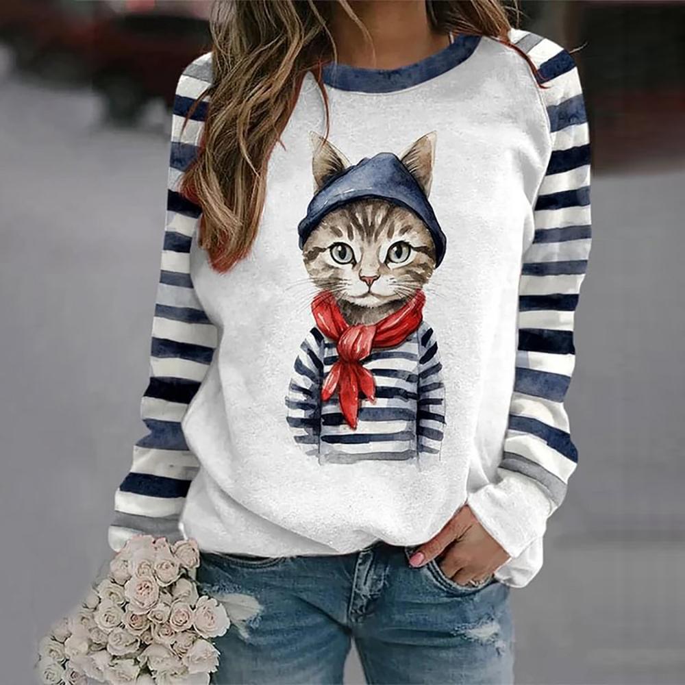 Cotton Long Sleeve T-Shirts For Women Funny Kawaii Cat Animals Print Sweatshirts Female Cute O-Neck Pullover Woman Sweatshirt