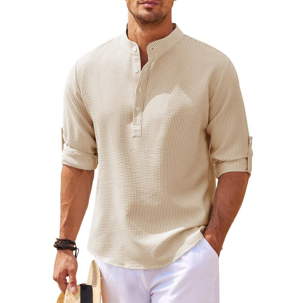 Men's Long Sleeved Stand Up Collar Plaid Casual Shirt