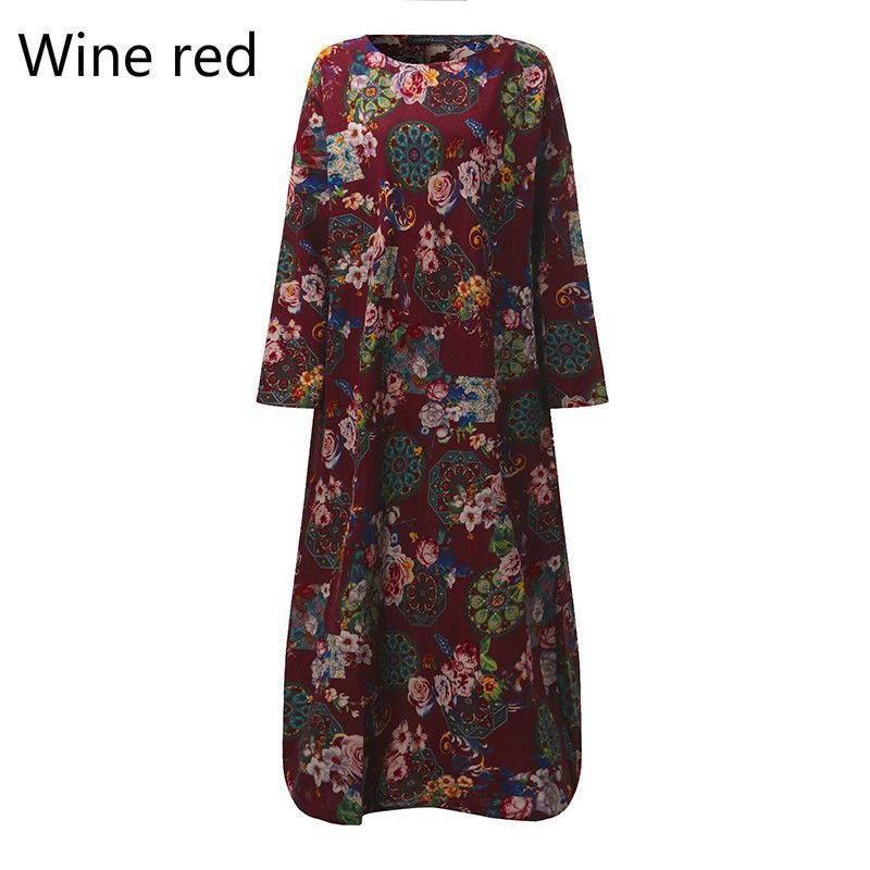 Women Vintage Casual Floral Printed Loose Dress Kaftan Long Maxi Shirt With Timeless Design