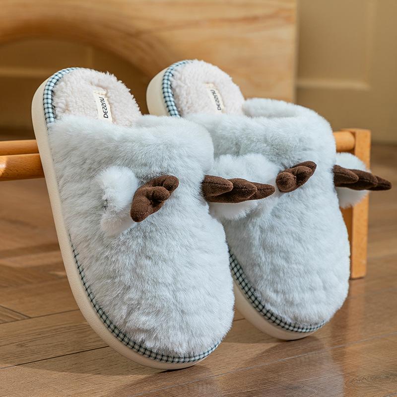Cute Antlers Plush Cotton Slippers Autumn and Winter Indoor Home Non-slip Silent Plush Warm Couple Floor Mop