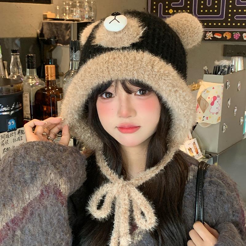 Cute bear plush hat female winter face small bucket hat warm ear protector tether basin hat knitted wool hat