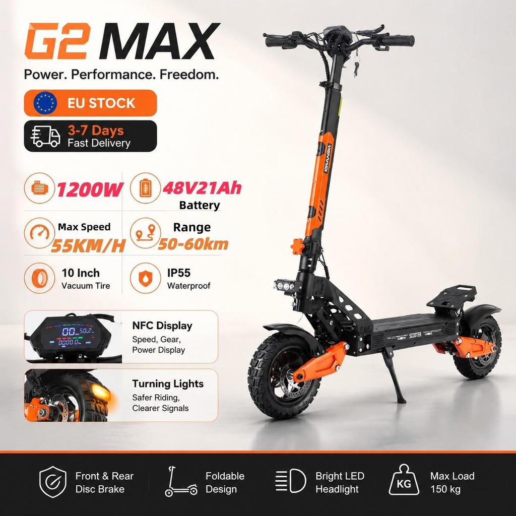 G2 MAX 1200W 48V 21ah 55 KM/H Electric Scooter, Foldable, with Seat, for City and Off-road Use E Scooter