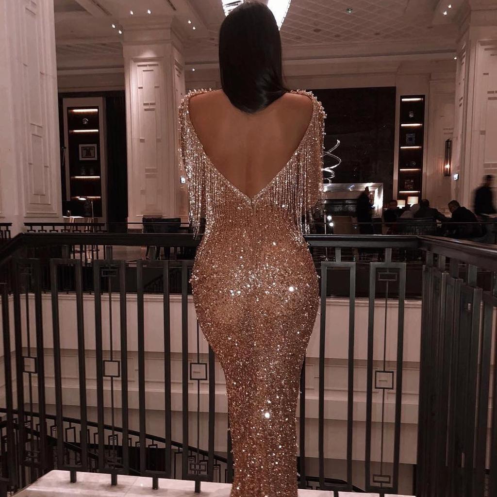 European And American Spring New Women'S Clothing Long-Sleeved Backless Golden Sexy Dress Long Dress