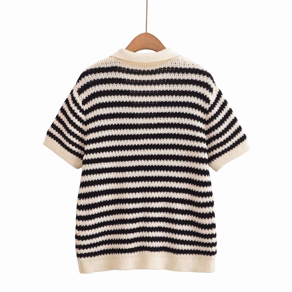 2025 Spring/Summer Women's Striped Short-Sleeve Polo Collar Knitted Sweater - Casual & Versatile