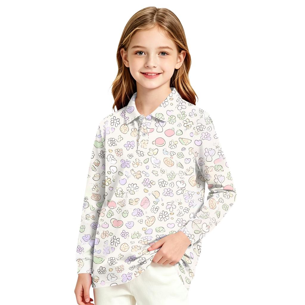 Girls' Long Sleeve Printed School Uniform Blouse for Everyday Wear
