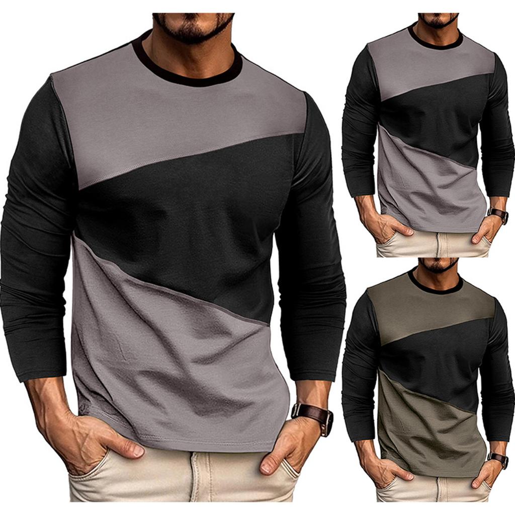 Men'S Round Neck Contrasting Loose Casual Long Sleeved Shirt