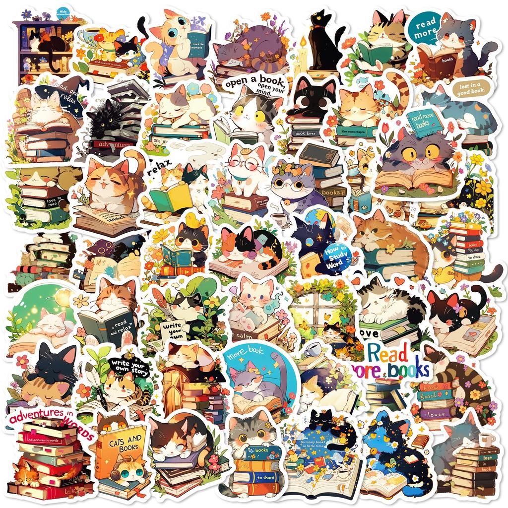 50 Cute Pet Cat Reading Graffiti Stickers Handbook Laptop Skateboard Water Cup Decoration Stickers