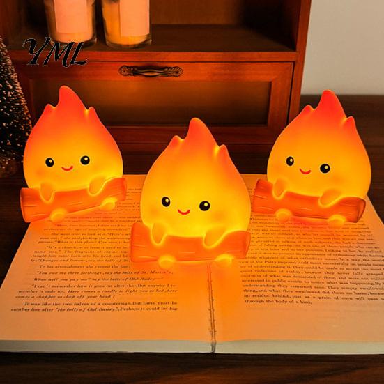 Cute Flame Night Light for Bedroom Cartoon Fake Campfire Light, Warm Glow Bedside Decorative Table Lamp Ornament, Portable Cozy Nursery And