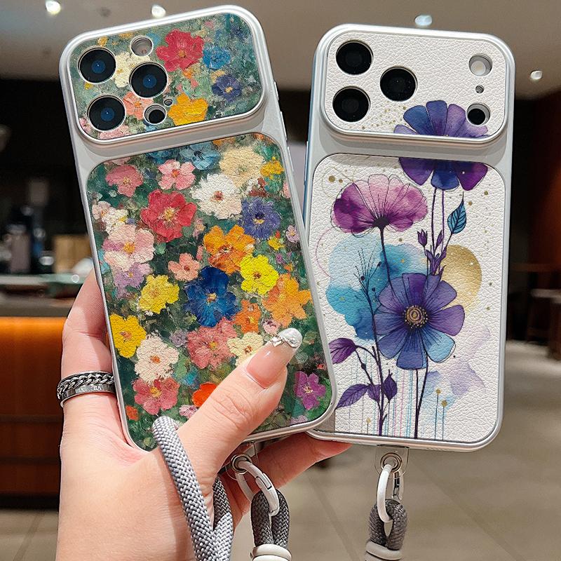 INS Watercolor Floral Leather Lanyard Case For iPhone 18 Pro Max 17 16 15 14 13 Pro Max Luxury Hybrid TPU+PU Anti-skid Soft Phone Cover