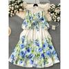 Flowers Spring Clothing Silm Long Puff Sleeve Dress