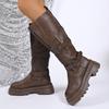 Stivali da Cavaliere con Plateau Autunno 2026 Nuovi Punta Tonda Fibbia Alta Allacciatura Tacco Chunky Stivali da Cowboy Western