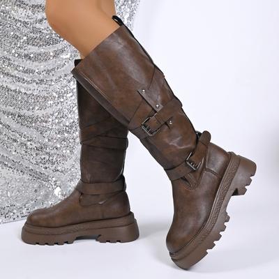 Stivali da Cavaliere con Plateau Autunno 2026 Nuovi Punta Tonda Fibbia Alta Allacciatura Tacco Chunky Stivali da Cowboy Western