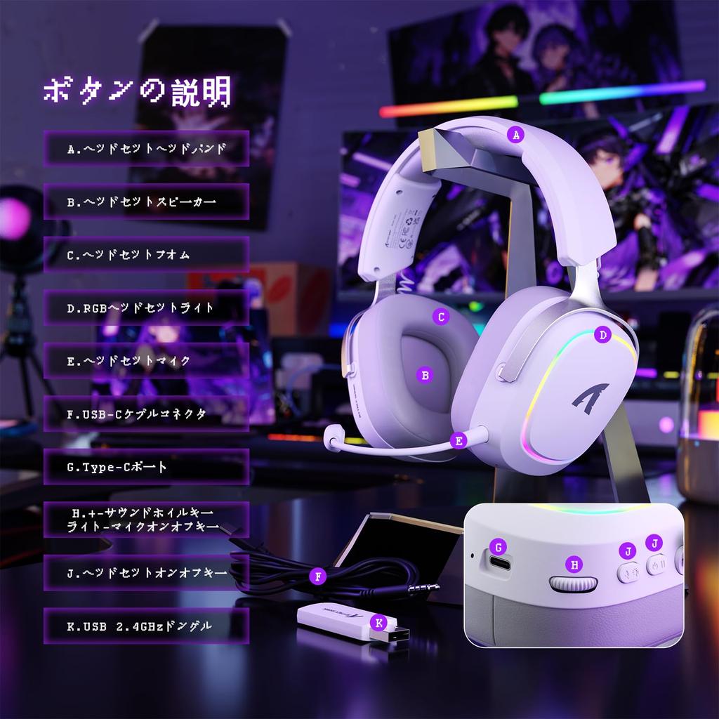 ATTACK SHARK G800 Gaming Professional Wireless Surround Sound with Sound 3 Aluminum 50mm AI Removable Adjustable Compatible with and PS5 Headset, RGB,