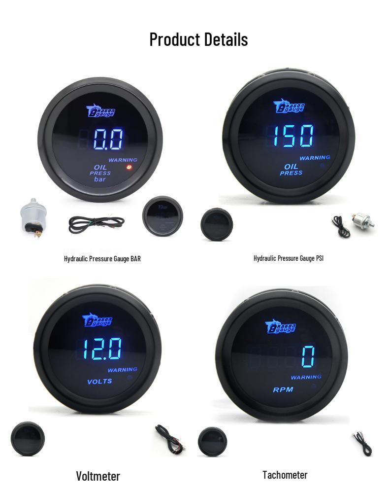 52MM Car Modification Gauge: Digital Display with Blue Light for Turbo, Water Temp, Oil Temp, Oil Pressure, Voltage (12V)