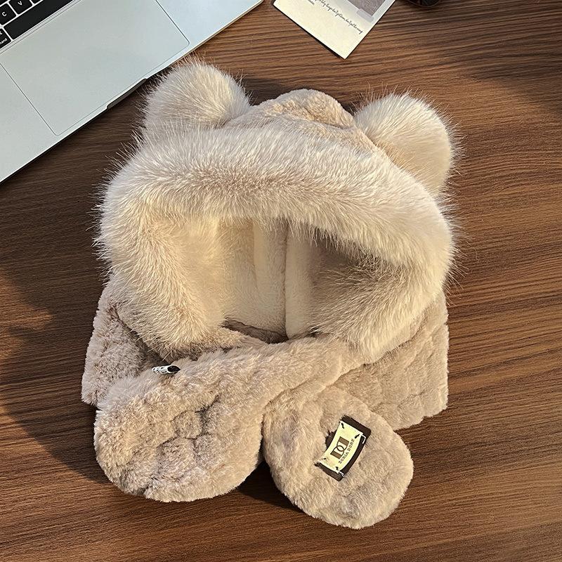Bear Plush Hat Scarf Integrated Female Winter Cute Furry Face Small Thickened Warm Ear Protector Lei Feng Hat