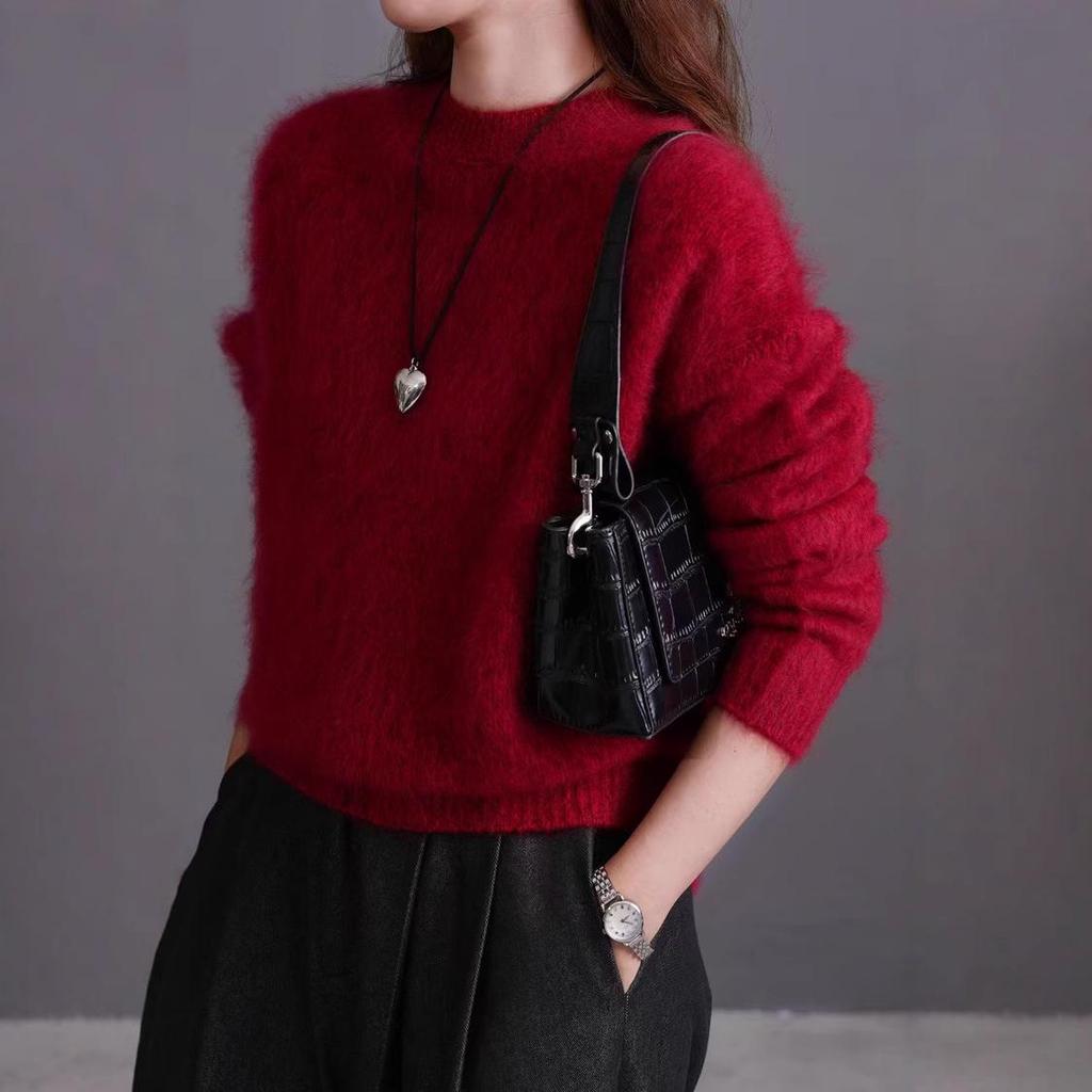 2025 Autumn/Winter Women's Thickened Wool Cashmere Round Neck Knit Sweater with Brushed Fleece