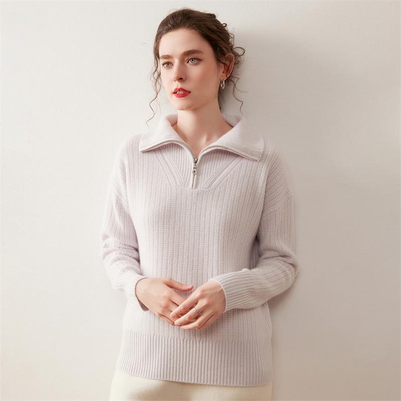Women's Casual Ribbed Cashmere Sweater, Loose Fit, Half Zip, Solid Color, Autumn/Winter