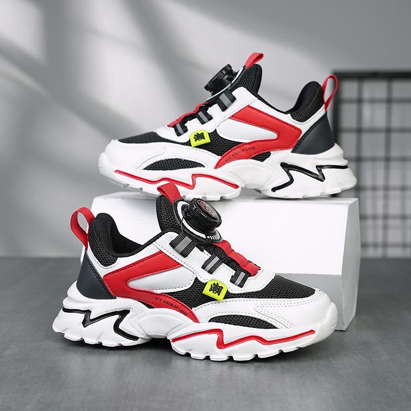 Boys shoes 2025 autumn new middle-aged and older boys rotating buckle mesh leather running shoes children's sports shoes