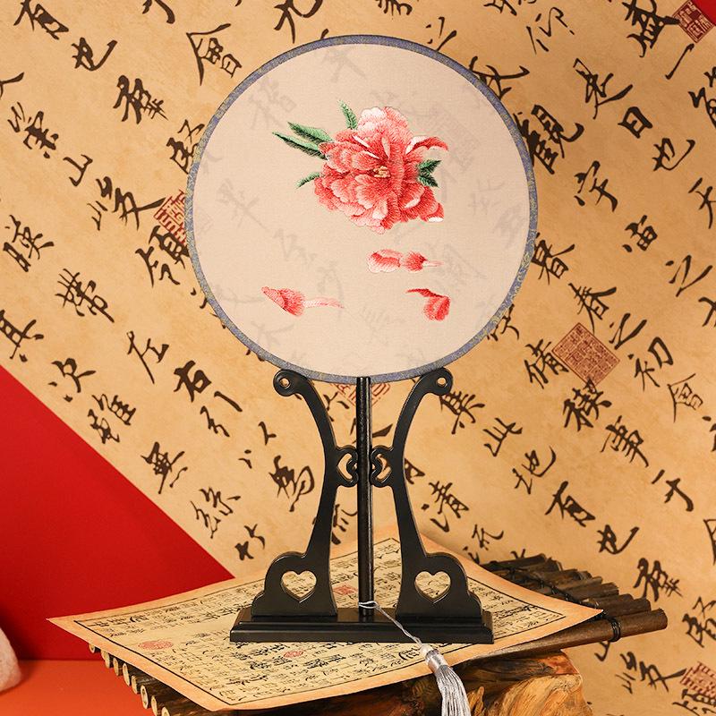 Golden Peony Double-Sided Embroidered Round Fan - Symbol of Family Harmony and Prosperity, Ancient Costume Decor.