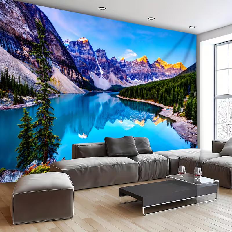 Mountain Lake Landscape Tapestry, Nature Scenery Background Cloth, Home Decor