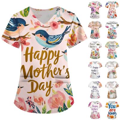 Women's Fashion V-neck Short-sleeved Work Clothes With Pockets Mother's Day Print Top Care Wear