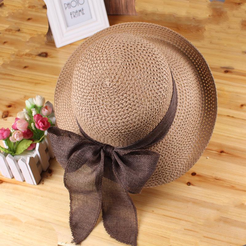 Korean Style Women's Wide Brim Straw Hat - Summer Seaside Bow Sun Protection