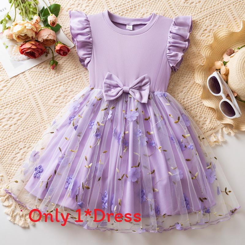 Girl Summer Princess Dress With Floral Embroidery And Tulle For Kids