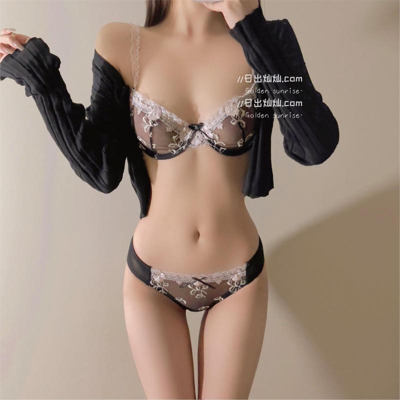 Women's Spring and Summer Thin Sexy Embroidery Soft Underwire Lace Transparent Gathering Underwear