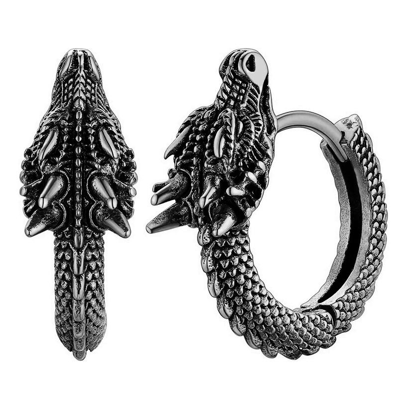 Huitan Personality Chinese Dragon Hoop Earrings for Women/Men Antique Metal Color Hip Hop Cool Guys Loong Earrings Jewelry