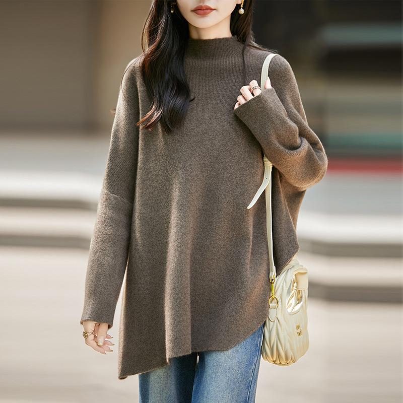 Women's 100% Wool High Neck Shawl Cape Sweater - Loose Fit, Cozy Autumn/Winter Pullover