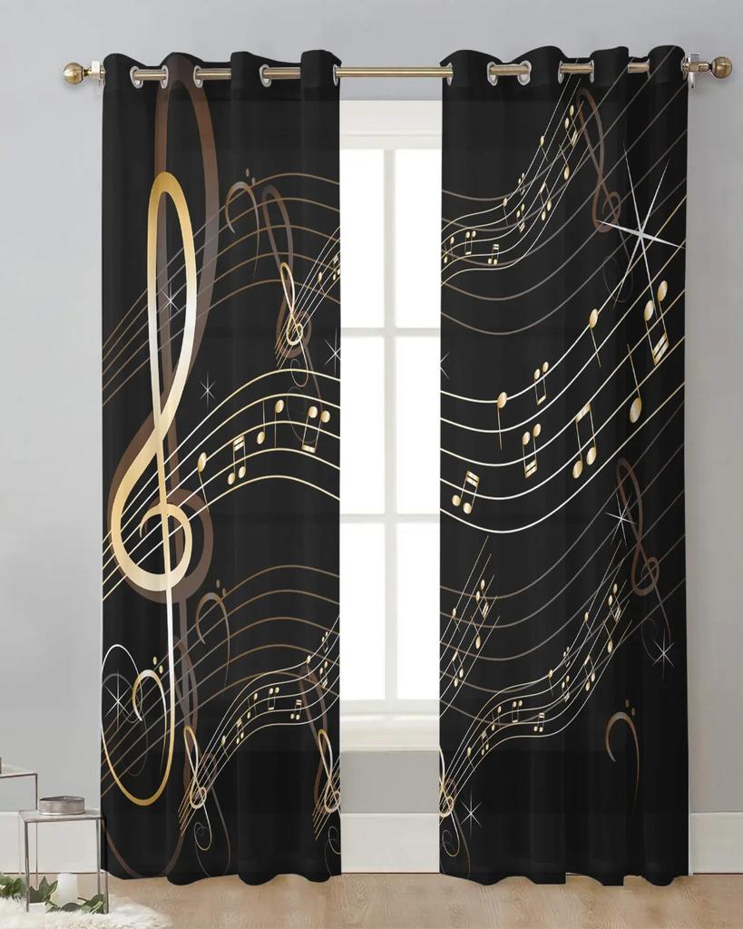 Music Notes Black Chiffon Sheer Curtains for Living Room Bedroom Home Decoration Window Voiles Tulle Drapes Curtain