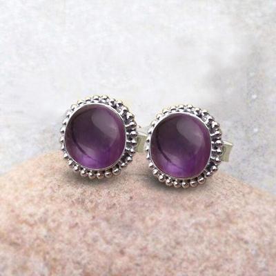 Amethyst Gemstone Stud, Round Stud, Gift For Her, Women Stud Earring, Handmade Silver Jewelry, Mom Gift