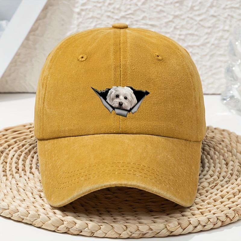 1pc Women s Cartoon Hole-Punched White Dog Print Accessories Washed Baseball Cap Unisex Dad Hat Soft Top Outdoor Curved Brim Hat Adjustable