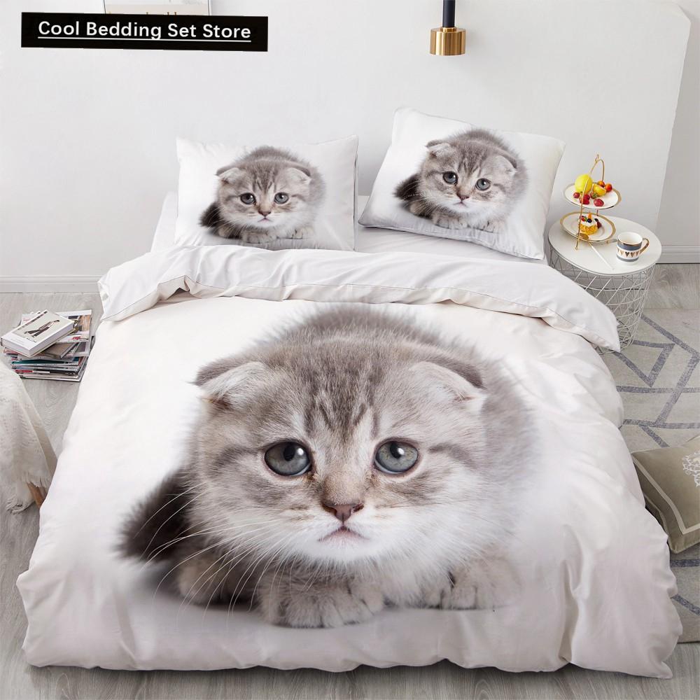3D Cat King Queen Duvet Cover Lovely Grey White Kitty Bedding Set for Kids Teens Adults Scottish Fold Soft 2/3pcs Quilt Cover