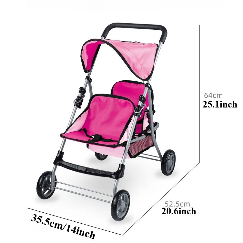 Doll Twin Stroller Double Front to Back Stroller for Dolls Foldable Toy Pram with Canopy & Storage Basket Pretend Play for Kids