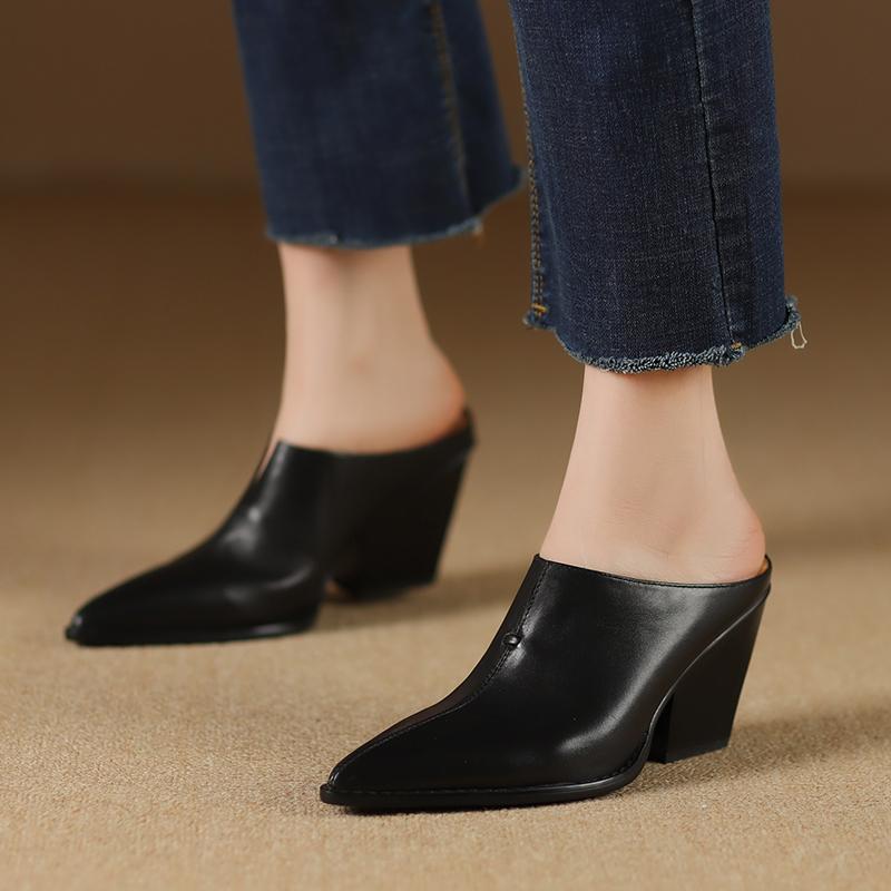 Fashion 2025 Mueller Slippers Shoes Elegant European American Fashion Chunky Slides Female High Heel Dress Shoes Closed Toe Mule SHoes
