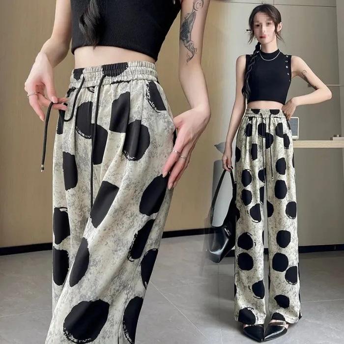 Women s Summer High-Waisted Black Polka Dot Wide-Leg Pants Double Extra Large (2XL)