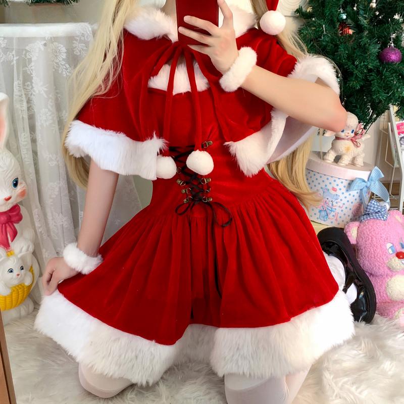 Jesienno-zimowa śliczna świąteczna czerwona szalowa sukienka kobiety słodki pluszowy Patchwork sznurkiem Mini sukienka na imprezę kobieta Kawaii płaszcz Vestido