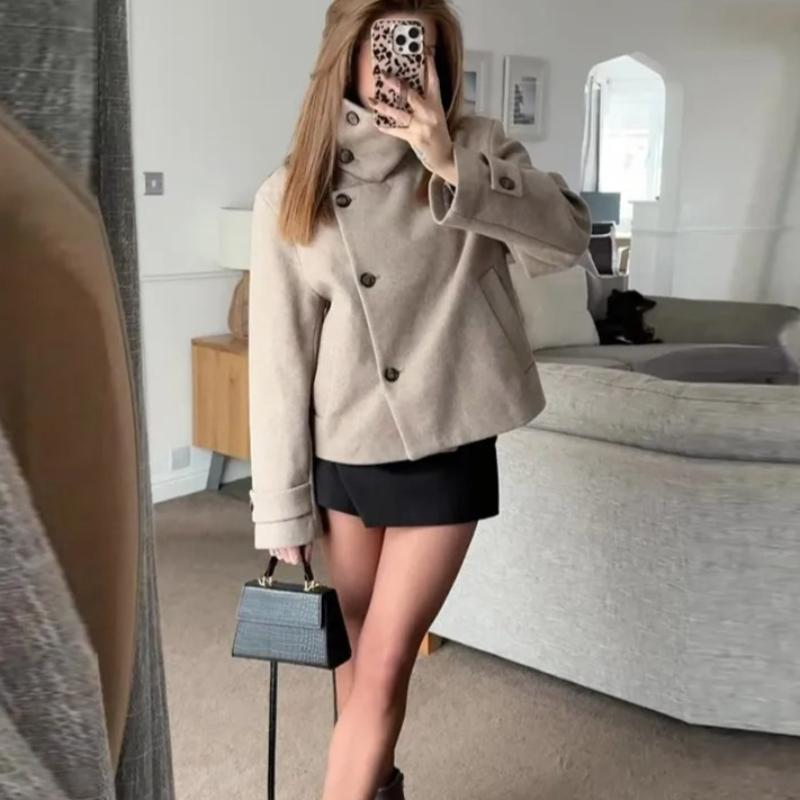 Stand Collar Asymmetric Woman's Coats Jacket for Woman Wool Short Tops Loose Cropped Jackets Autumn Winter Wear Daily Outfits