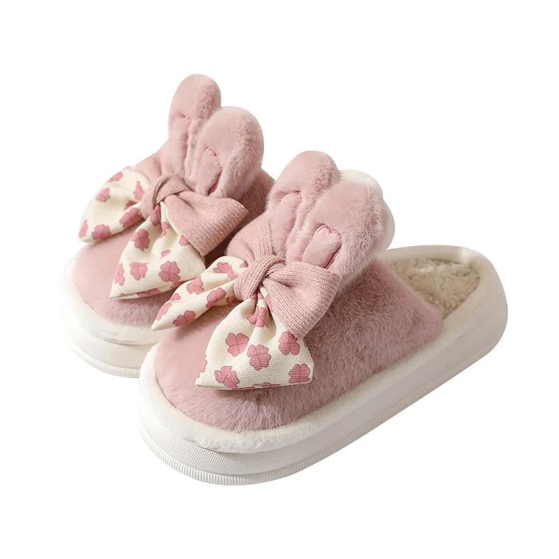 Women Winter Warm Indoor Bows Cotton Slippers Female Indoor Fluffy Cotton Shoes New Couple Plush Comfort Soft Sole House Slides