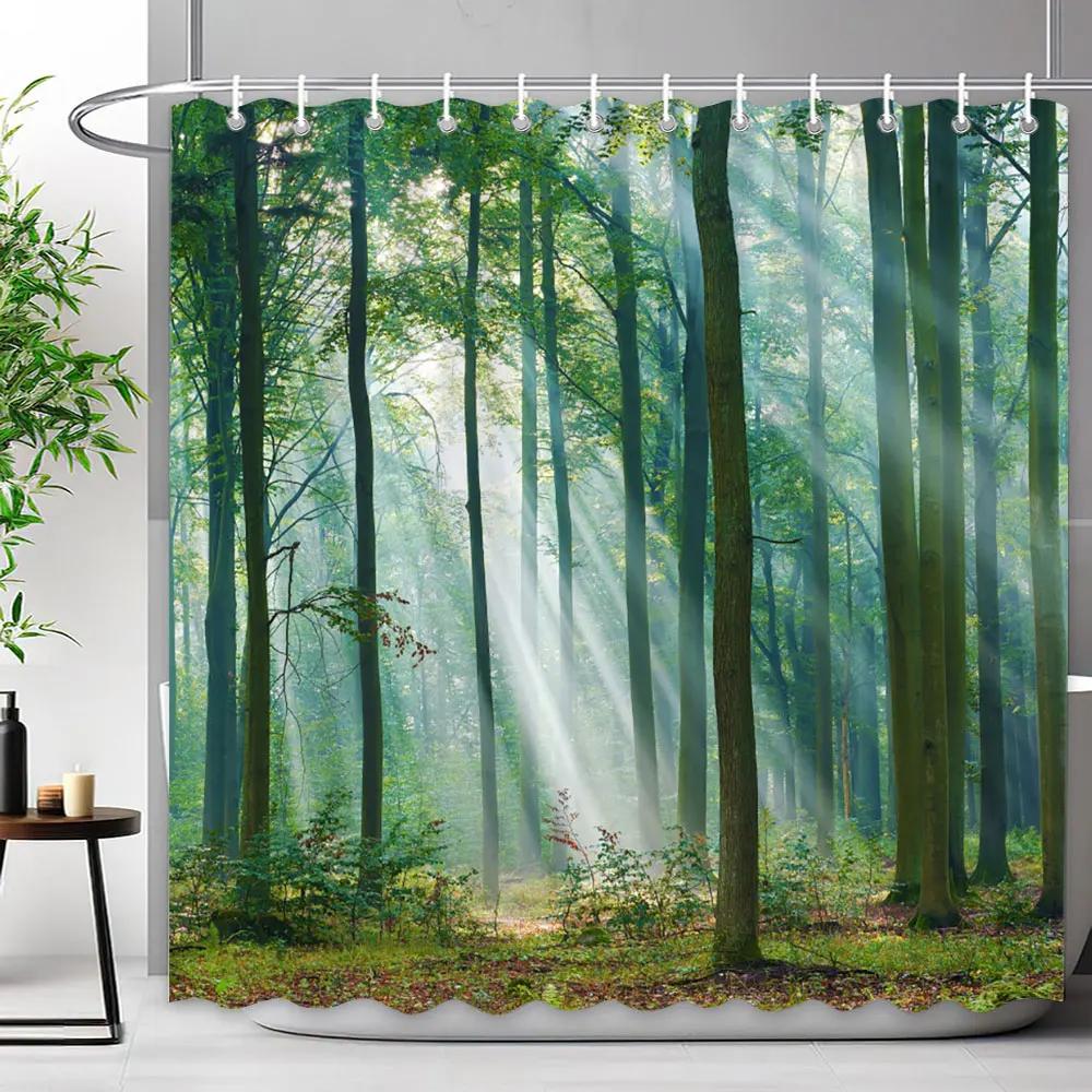 Outdoor Scenic Forest Shower Curtain With Hooks Green Plant Tree Waterfall Landscape Waterproof Shower Curtains Bathroom Decor