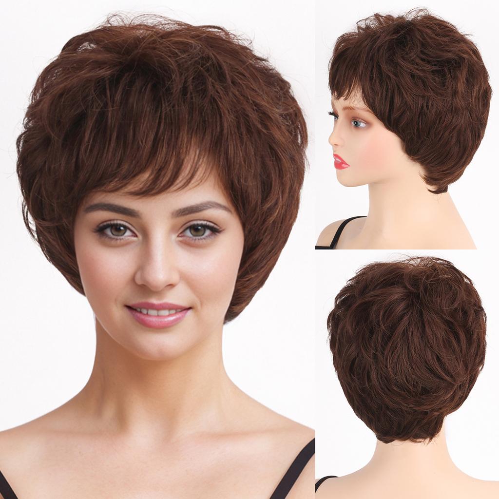 Peruca curta loira ombré, marrom, para mulheres, uso diário, festa, cabelo sintético natural, peruca com franja, fibra resistente ao calor