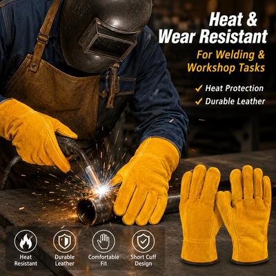 Guantes de Soldadura de Cuero Vacuno Dividido Completamente de Cuero, Resistentes al Desgaste, Antideslizantes, Aislantes del Calor, Dorados, Guantes de Seguridad para Trabajos de Conductor para Soldadores