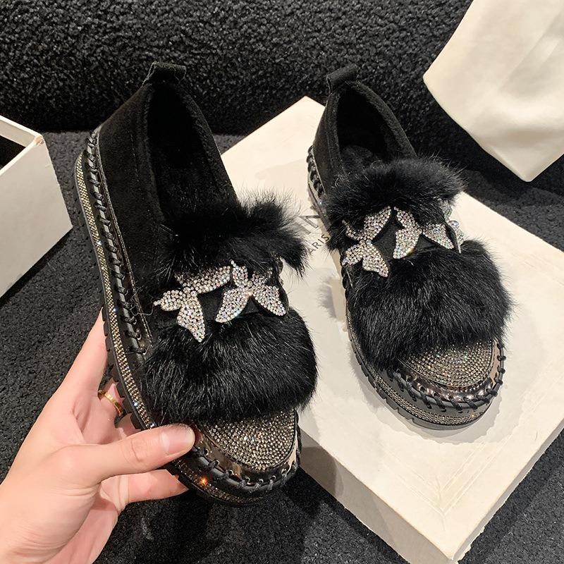 Fleece Warm Butterfly Rhinestone Casual Shoes Autumn and Winter New Thick-soled Women's One-pedal Lazy Shoes Women