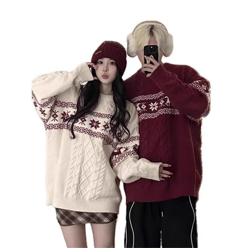 Unisex Nordischer Weihnachtsstrickpullover mit Hirschmotiv Zopfmuster Lockerer Schnitt Winterpullover Teenager Erwachsene